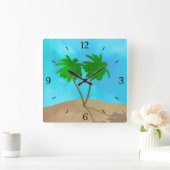 Wasserfarben Palm Tree Beach Collage Quadratische Wanduhr (Zuhause)
