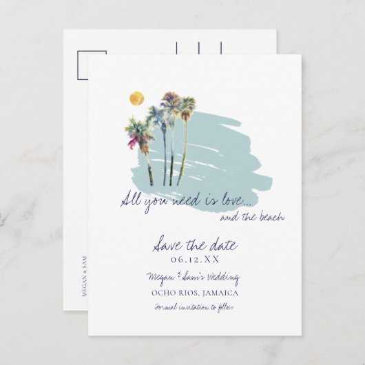 Wasserfarben Palm Tree Beach Hochzeit Save the Dat Ankündigungspostkarte (Vorne/Hinten)