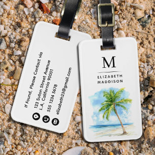 Wasserfarben-Palmenstrand-Urlaub-Monogramm Gepäckanhänger