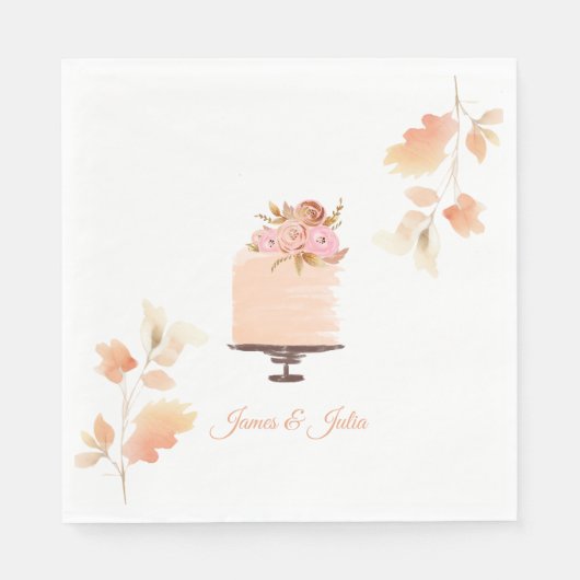 Wasserfarben-Peach-Floral Hochzeitthema Serviette (Vorderseite)