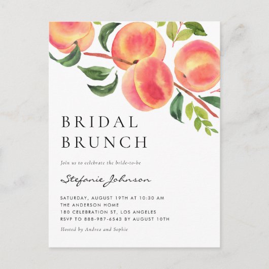 Wasserfarben Peach Fruchtsommer Bridal Brunch Einladungspostkarte (Vorderseite)