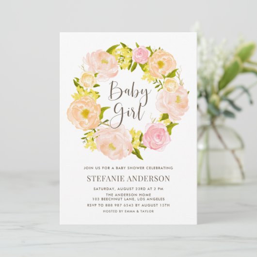 Wasserfarben Peach Peony Wreath Girl Babydusche Einladung (Stehend Vorderseite)