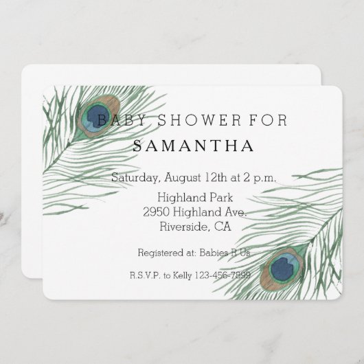 Wasserfarben-Pfauenfedern Babydusche Einladung (Vorne/Hinten)