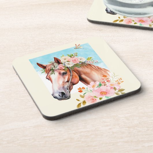 Wasserfarben - Pferd und Blume 6 Getränkeuntersetzer (Linke Seite)