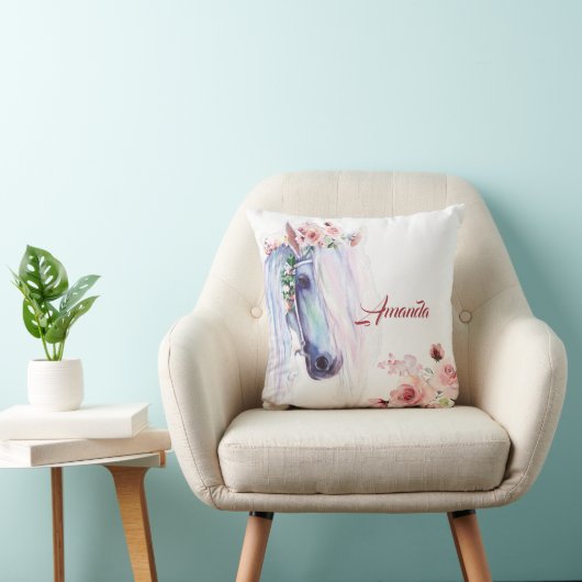 Wasserfarben-Pferd und Rose-Wurfkissen Kissen (Stuhl )