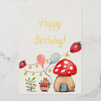 Wasserfarben-Pilze und Erdbeeren Niedliches Party Folieneinladung