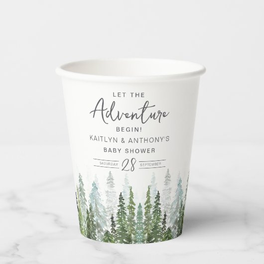 Wasserfarben Pine Tree Forest Baby Dusche Pappbecher (Vorderseite)