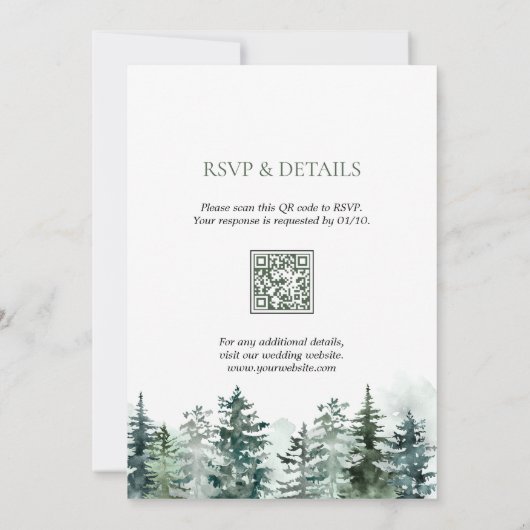 Wasserfarben Pine Tree Forest Rustic QR Code Hochz Einladung (Rückseite)