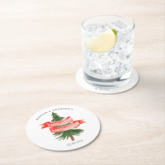 Wasserfarben Pine Tree Merry Little Baby Dusche Runder Pappuntersetzer (Vor Ort)