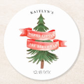 Wasserfarben Pine Tree Merry Little Birthday Runder Pappuntersetzer (Vorderseite)