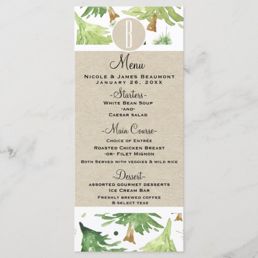 Wasserfarben Pine Trees Rustic Kraft Wedding Menu Menükarte (Vorderseite)