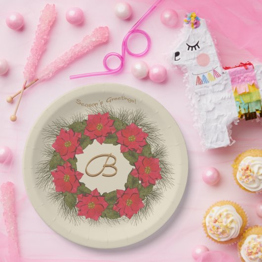 Wasserfarben-Poinsettia-Kranz - Mit Monogramm Pappteller (Party)