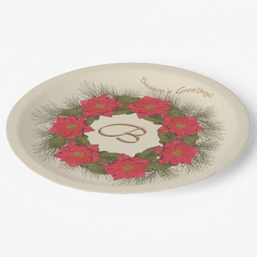 Wasserfarben-Poinsettia-Kranz - Mit Monogramm Pappteller (Schrägansicht)