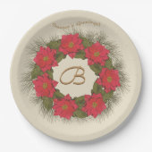 Wasserfarben-Poinsettia-Kranz - Mit Monogramm Pappteller (Vorderseite)