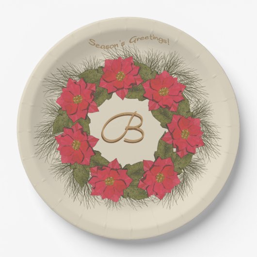 Wasserfarben-Poinsettia-Kranz - Mit Monogramm Pappteller (Vorderseite)