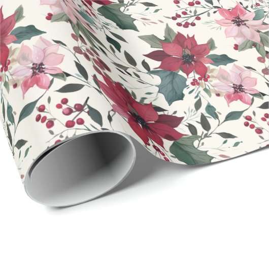 Wasserfarben-Poinsettia und Weihnachtsmuster Geschenkpapier (Rolleneckpunkt)