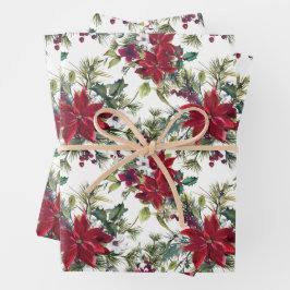 Wasserfarben-Poinsettien-Muster Geschenkpapier Set