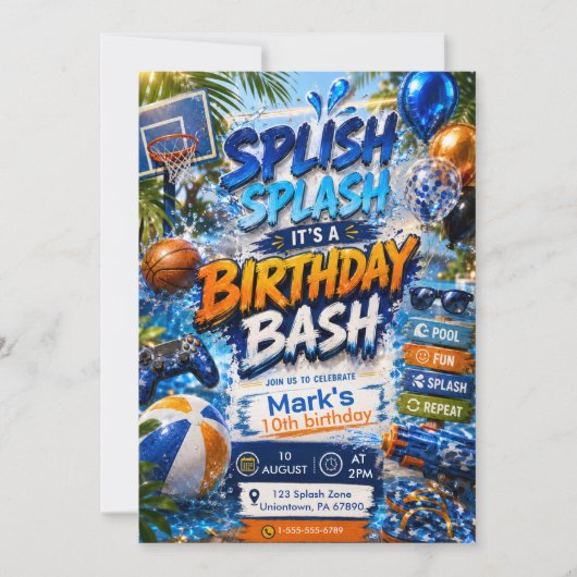 Wasserfarben-Poolparty-Splash-Boy-Birthday-Bash Einladung (Vorderseite)
