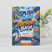 Wasserfarben-Poolparty-Splash-Boy-Birthday-Bash Einladung (Stehend Vorderseite)