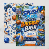 Wasserfarben-Poolparty-Splash-Boy-Birthday-Bash Einladung (Vorne/Hinten)