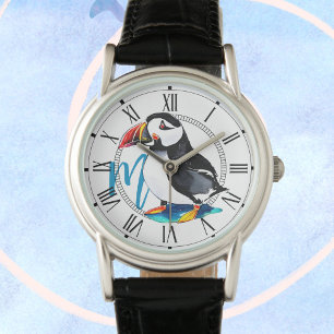 Wasserfarben-Puffvogel + Monogramm Wildtiere Armbanduhr