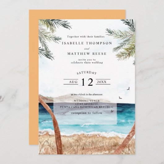Wasserfarben Punta Cana Tropical Beach Hochzeit Einladung (Vorne/Hinten)