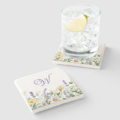 Wasserfarben-Rand-Monogramm mit Wildblumen Steinuntersetzer (Seitenansicht)
