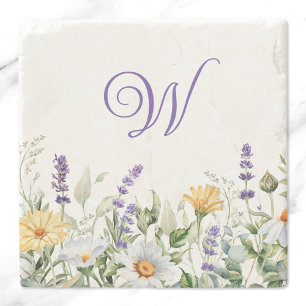Wasserfarben-Rand-Monogramm mit Wildblumen Steinuntersetzer