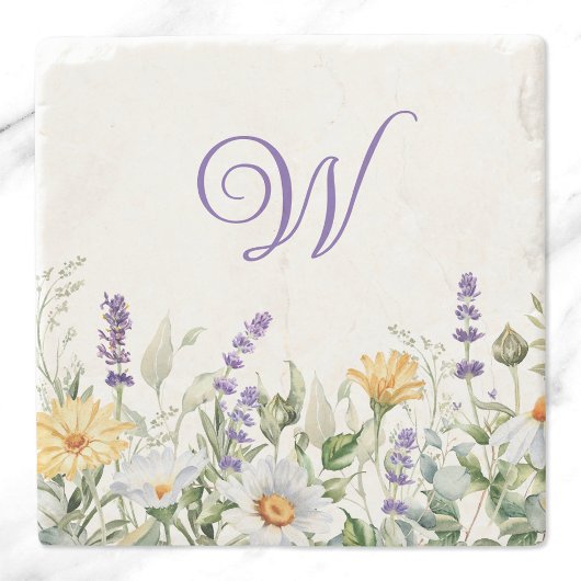 Wasserfarben-Rand-Monogramm mit Wildblumen Steinuntersetzer