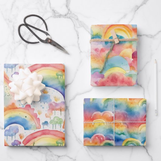 Wasserfarben-Regenbögen und Wolken Geschenkpapier Set (Vorderseite)