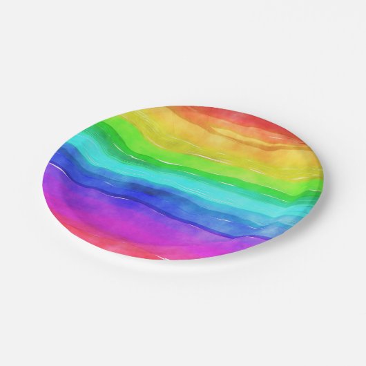 Wasserfarben Regenbogenstreifen Pappteller (Schrägansicht)