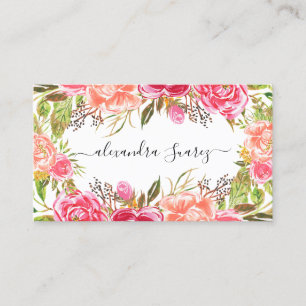 Wasserfarben Rosa Blumen Elegantes Schwarzes Strei Visitenkarte