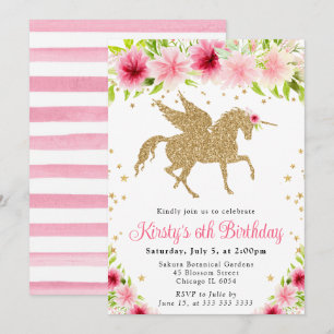 Wasserfarben Rosa Blumen Gold Einhorn Geburtstagsf Einladung