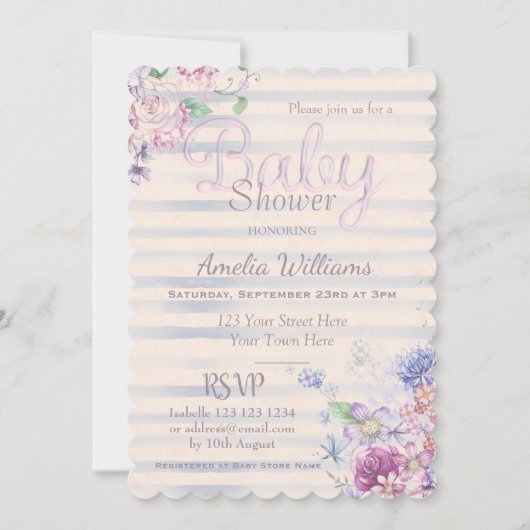 Wasserfarben Rosa Blumen & Streifen Girl Babydusch Einladung (Vorderseite)