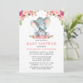 Wasserfarben Rosa Blush Bloral Baby Dusche Elefant Einladung (Stehend Vorderseite)