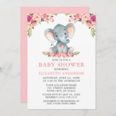 Wasserfarben Rosa Blush Bloral Baby Dusche Elefant Einladung (Vorne/Hinten)