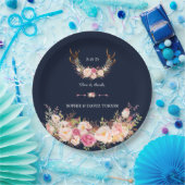 Wasserfarben Rosa Blütenblüte Antlers Navy Hochzei Pappteller (Party)