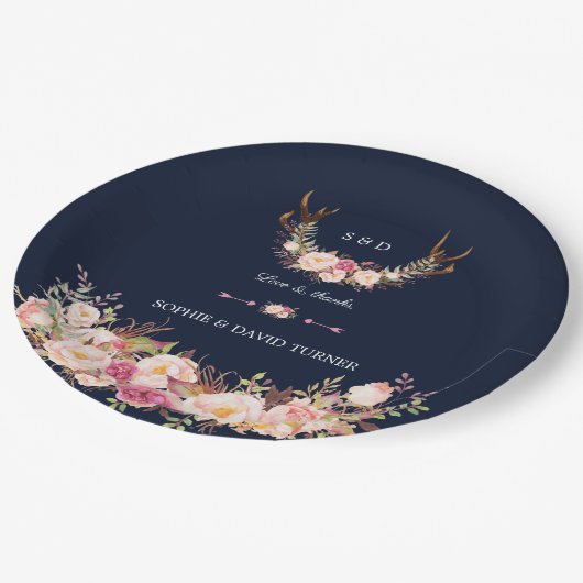 Wasserfarben Rosa Blütenblüte Antlers Navy Hochzei Pappteller (Schrägansicht)