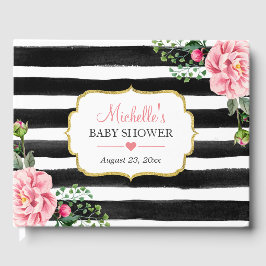 Wasserfarben Rosa Blütenfarben Streifen Babydusche Gästebuch