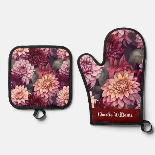 Wasserfarben Rosa Dahlia Muster Ofenhandschuh & Topflappen-Set (Vorderseite)