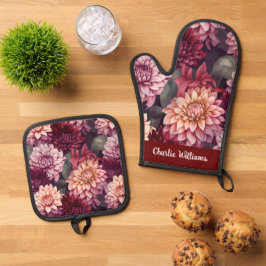 Wasserfarben Rosa Dahlia Muster Ofenhandschuh & Topflappen-Set