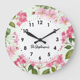 Wasserfarben-Rosa-Hydrangea und japanisches Anemon Große Wanduhr
