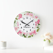 Wasserfarben-Rosa-Hydrangea und japanisches Anemon Große Wanduhr (Zuhause)