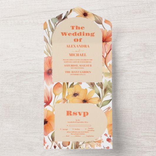 Wasserfarben Rosa Orangefarbene Wildblumen Hochzei All In One Einladung (Innen Boden)