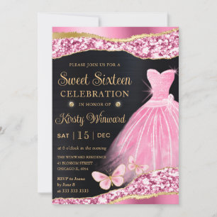 Wasserfarben-Rosa- und Gold-Glitter-Kleid Sweet Si Einladung