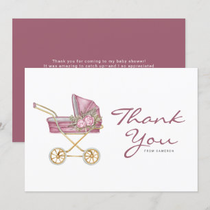 Wasserfarben-Rosa-Vintage-Kinderwagen-Baby-Shower Dankeskarte