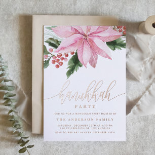 Wasserfarben-Rosa-Weihnachtsstern-Stechpalme-Hanuk Folieneinladung