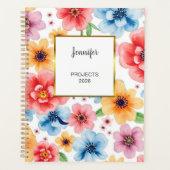 Wasserfarben-Rosé-Blumenmuster-Monogramm-Name Planer (Vorderseite)