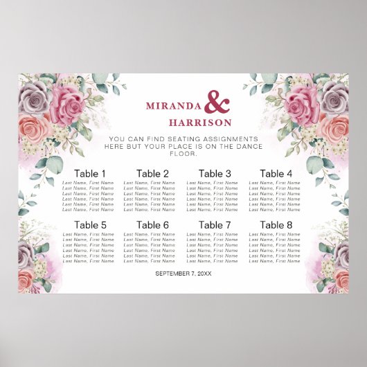 Wasserfarben-Rose Hochzeitstabelle Poster (Vorne)