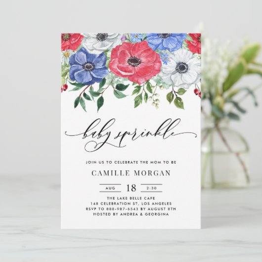 Wasserfarben Rot, Weiß und Blau Anemone Baby Sprin Einladung (Stehend Vorderseite)